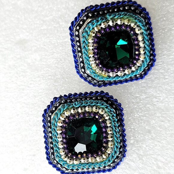 Blue Green Teal Square Earrings - Picture 2 of 5